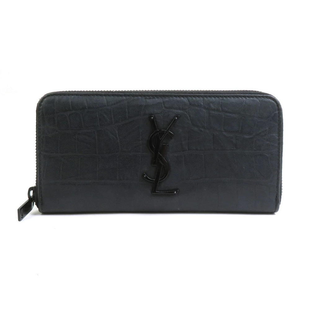 Saint Laurent round zipper long wallet embossed leather black